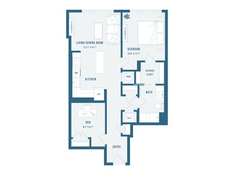 A floor plan of a house with a living room, dining room, kitchen, bathroom, and entry.